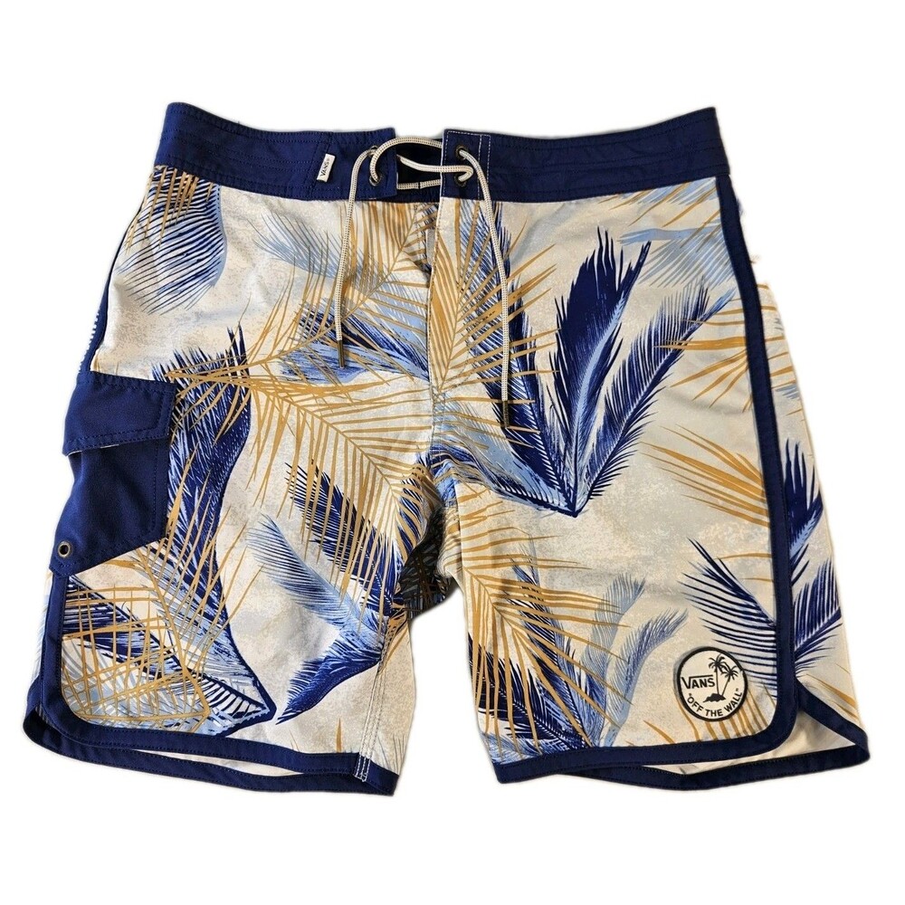 VANS Off The Wall Mens Board Shorts Tropical Stretch Floral Blue Gold Size 32